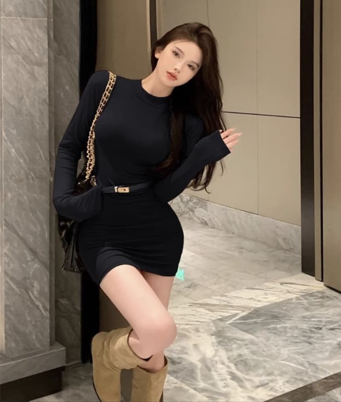 黒ドレス タートルネックリブ編みミニ黒ドレス