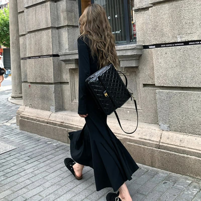 黒ドレス ロング 上品 シルエット ニット ワンピース