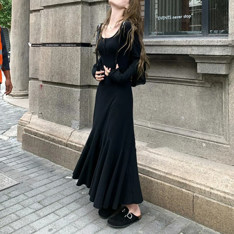黒ドレス ロング 上品 シルエット ニット ワンピース