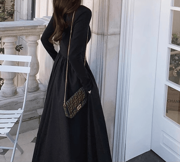 黒ドレス スクエアネック ロング ワンピース 長袖 Aライン