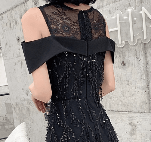 黒ドレス セパレートショルダー シースルーマキシドレス
