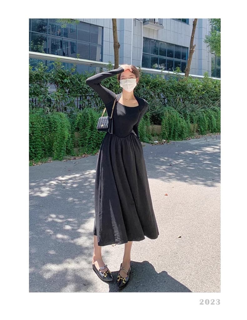 黒ドレス スクエアネック ロング ワンピース 長袖 Aライン