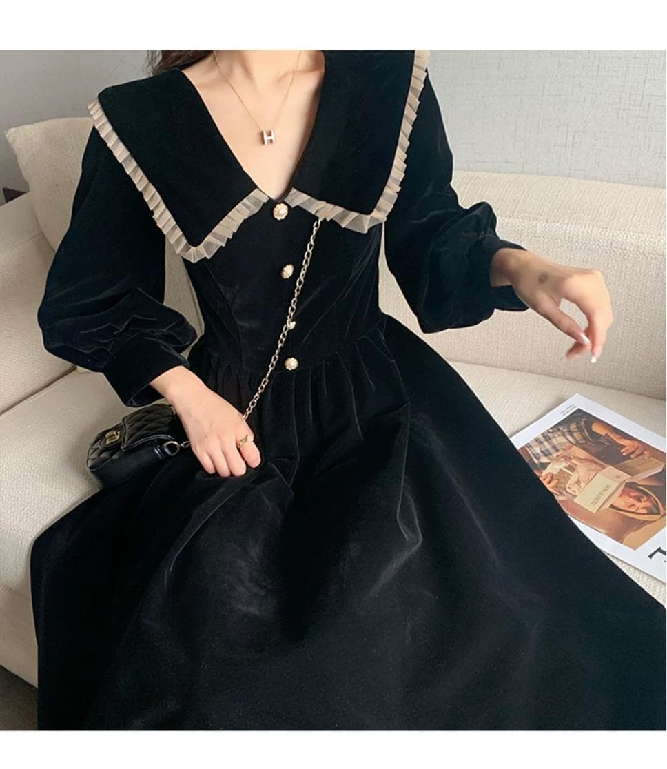 黒ドレス パフスリーブベルベットワンピース