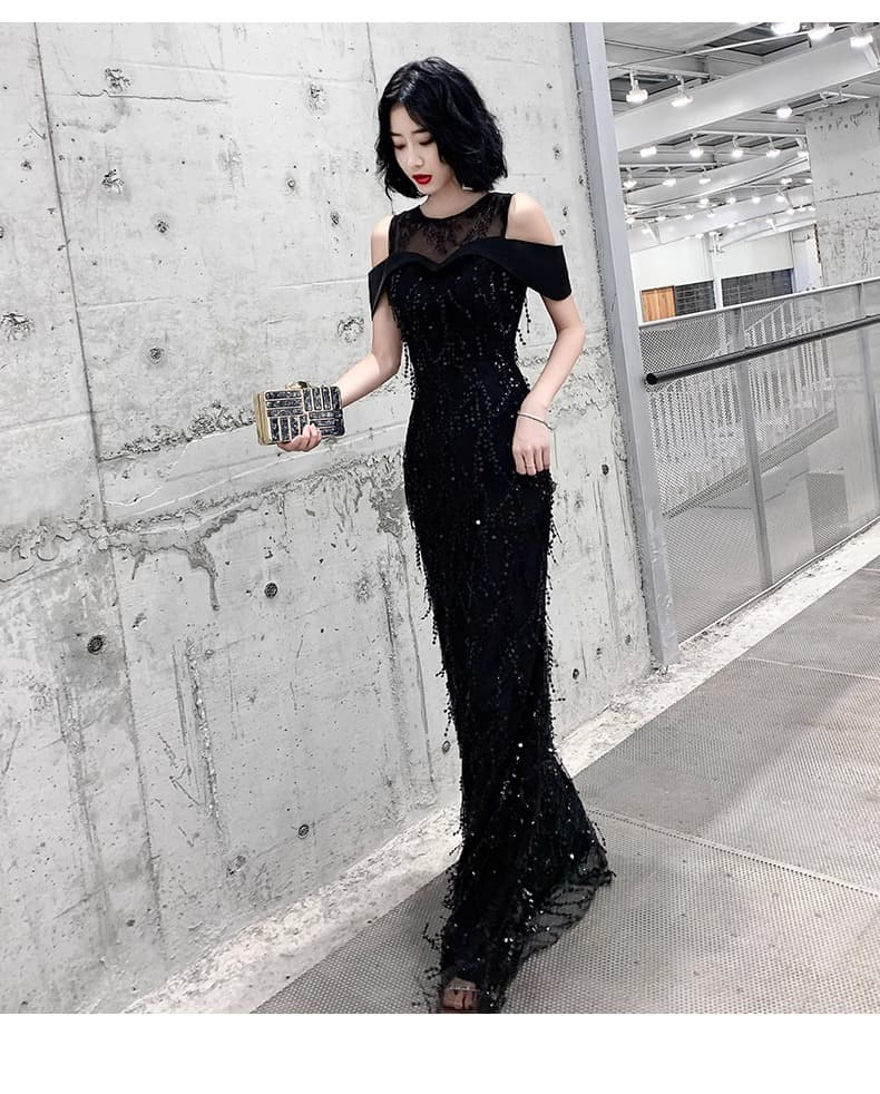 黒ドレス セパレートショルダー シースルーマキシドレス