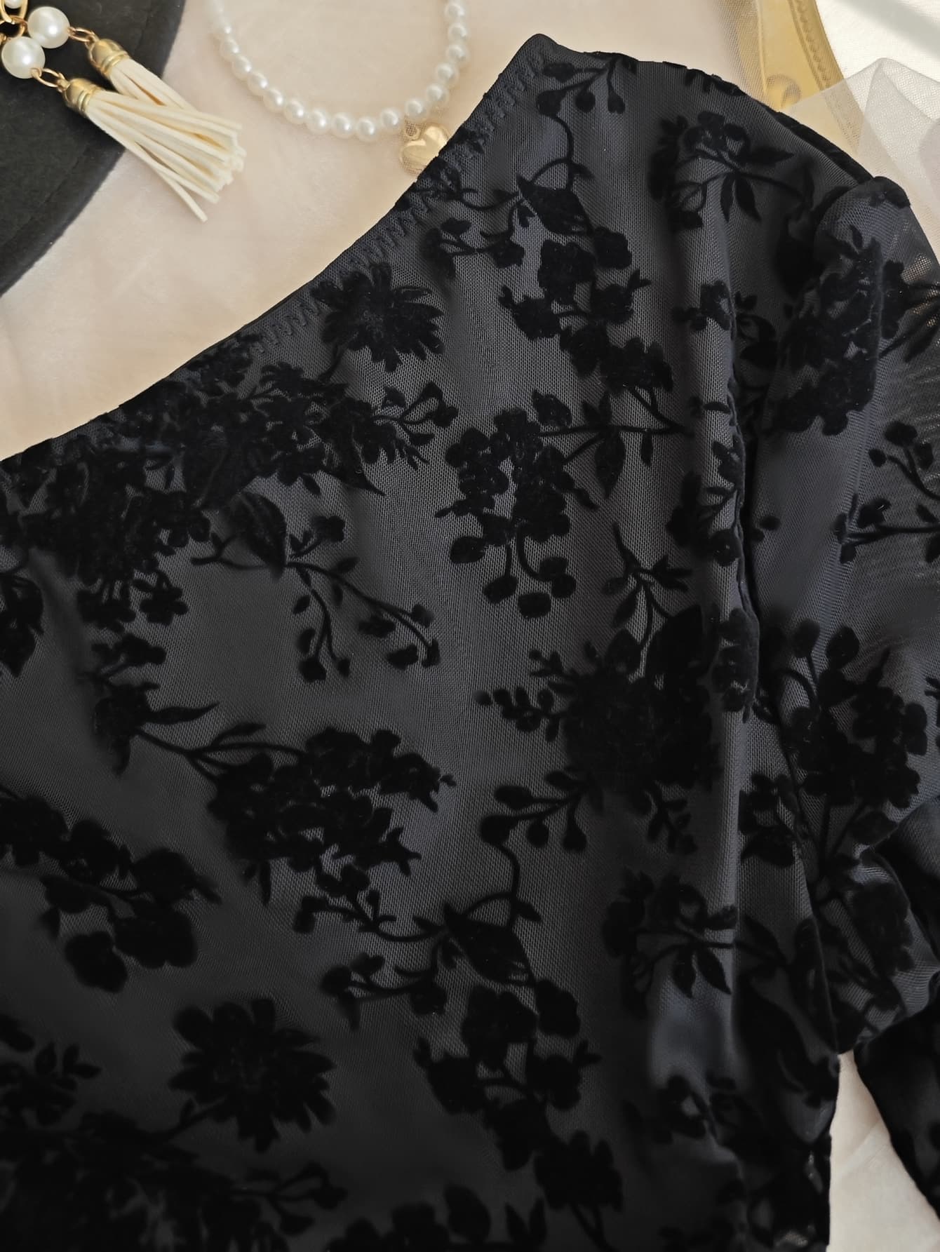 黒ドレス ロング 花柄ワンショルダースリットロングドレス