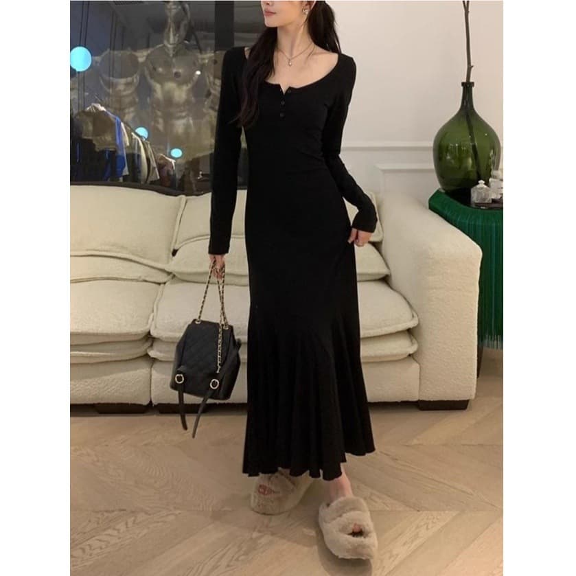 黒ドレス ロング 上品 シルエット ニット ワンピース