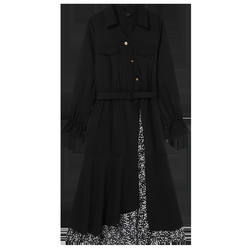 黒ドレス ワンピース レディース 長袖 シャツワンピース 花柄