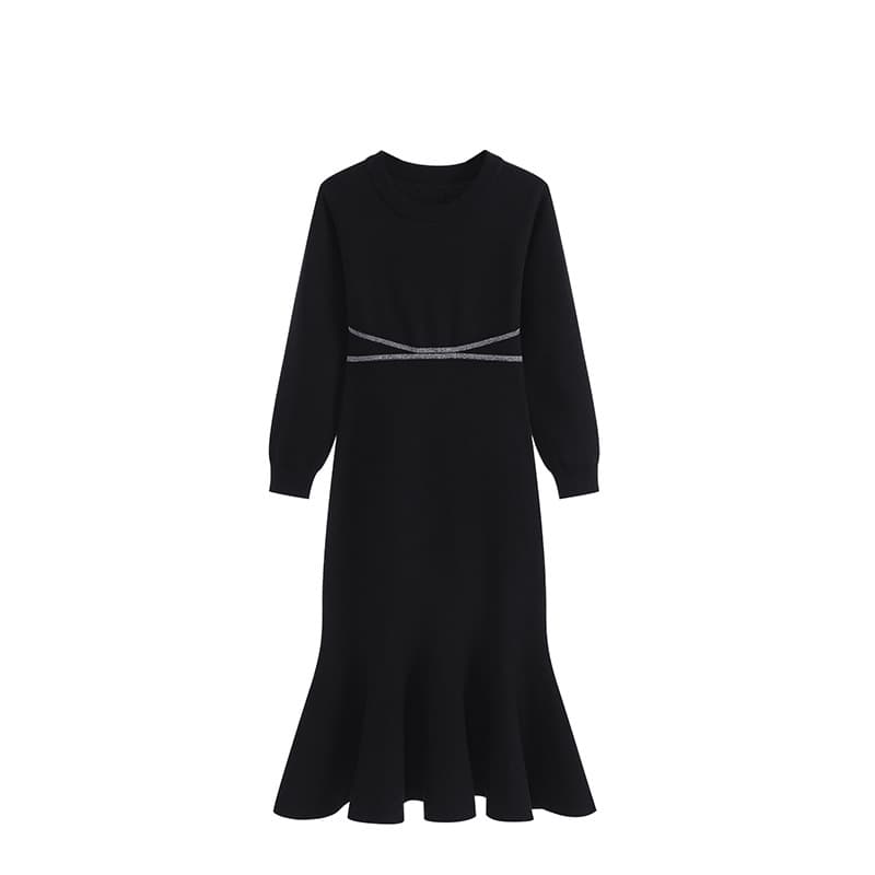 黒ドレス 華やかウエストライン ミモレ丈ドレス