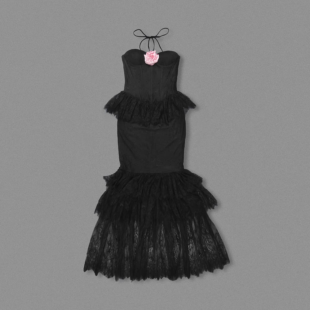 黒ドレス ロング丈 薔薇飾りマーメイドロングドレス