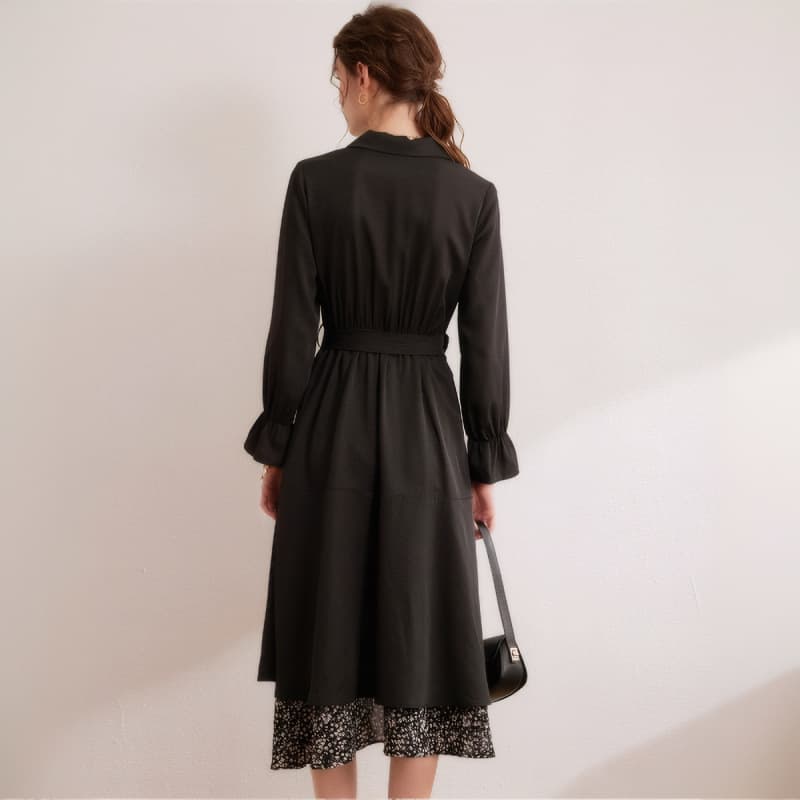 黒ドレス ワンピース レディース 長袖 シャツワンピース 花柄