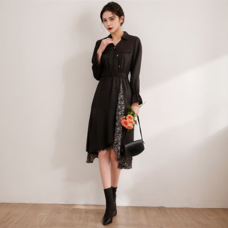 黒ドレス ワンピース レディース 長袖 シャツワンピース 花柄