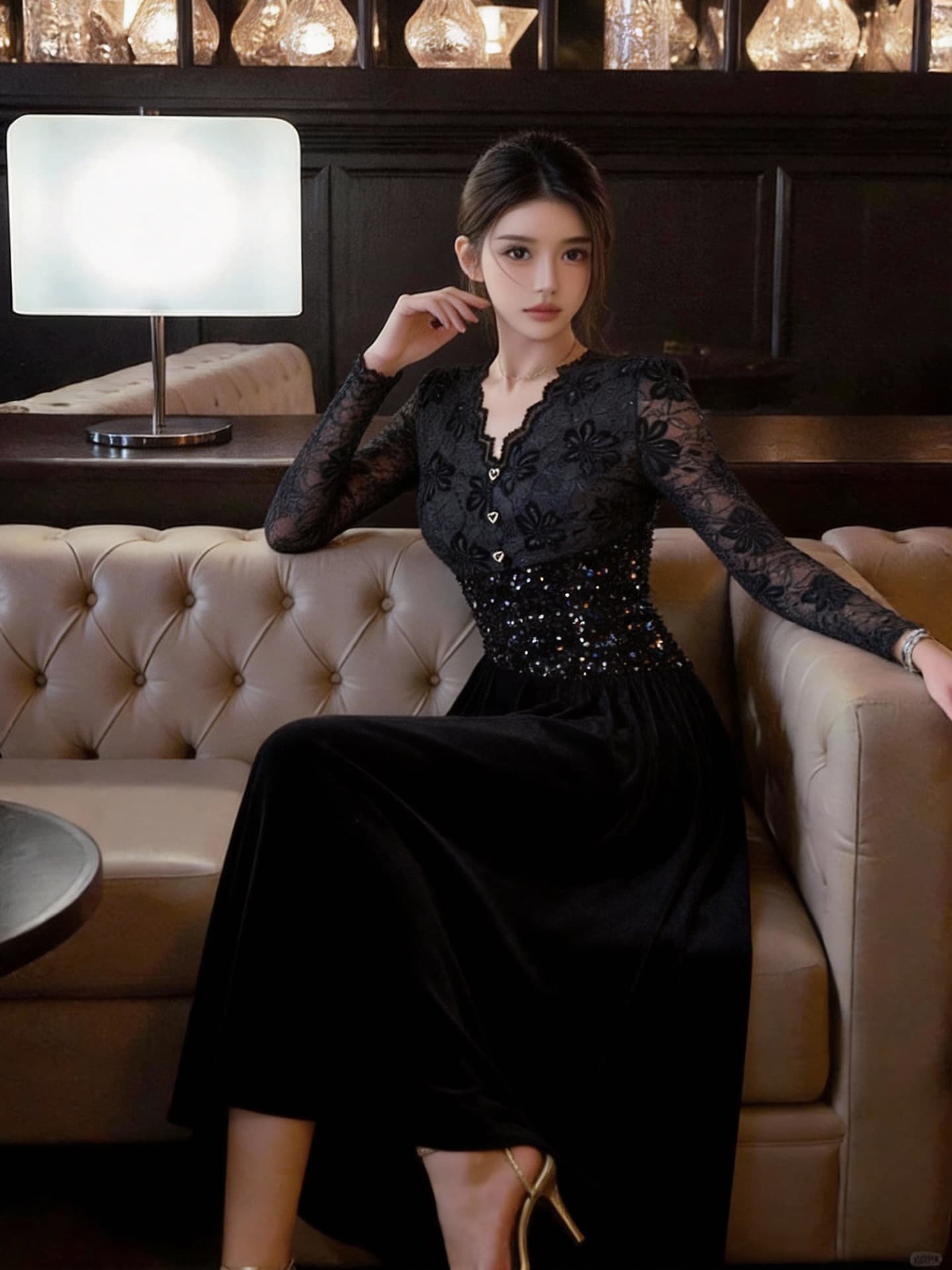 黒ドレス 花柄刺繍レース長袖ベルベットロング丈ドレス