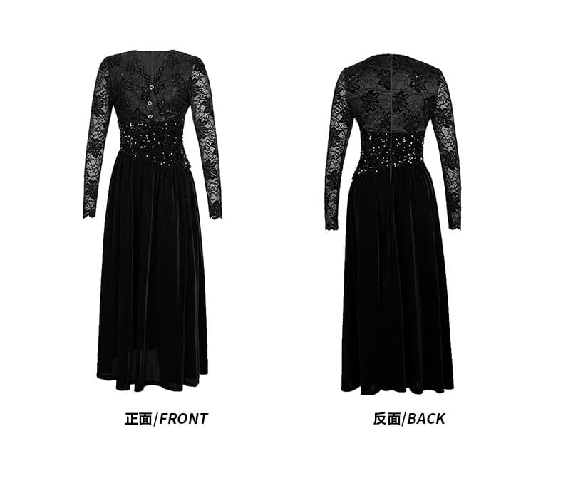 黒ドレス 花柄刺繍レース長袖ベルベットロング丈ドレス