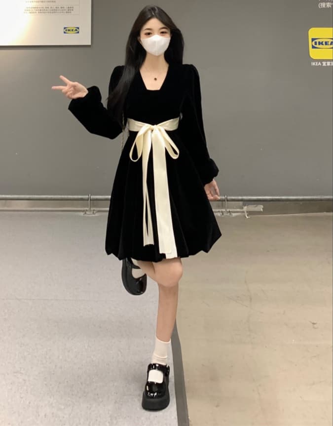 黒ドレス ベルベット リボン ワンピース 長袖 Aライン フレア