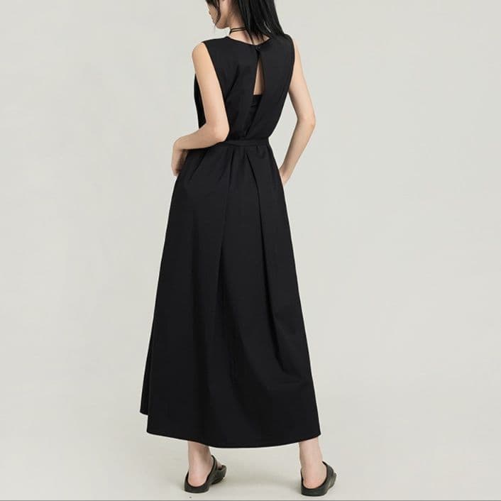 黒ドレス ロング ノースリーブ リボン ロングワンピース