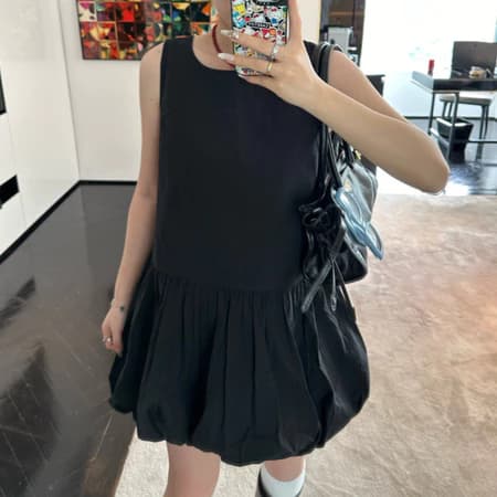 黒ドレス ミニ丈 レディース バルーン ノースリーブ