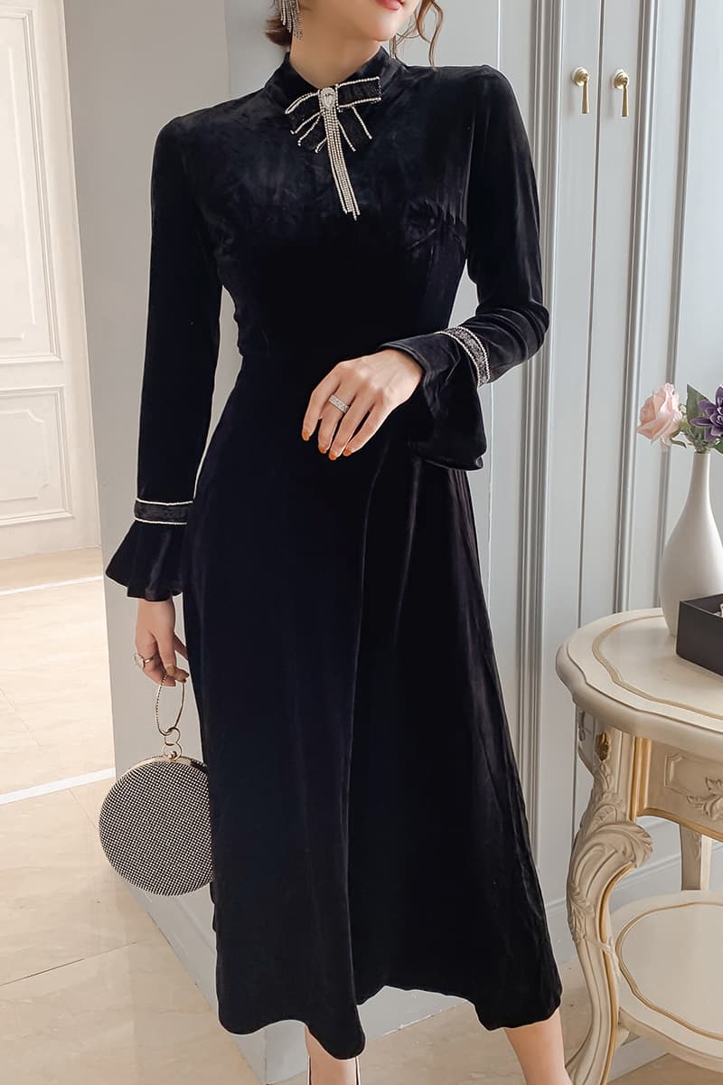 黒ドレス 優美なベルベットリボンワンピース