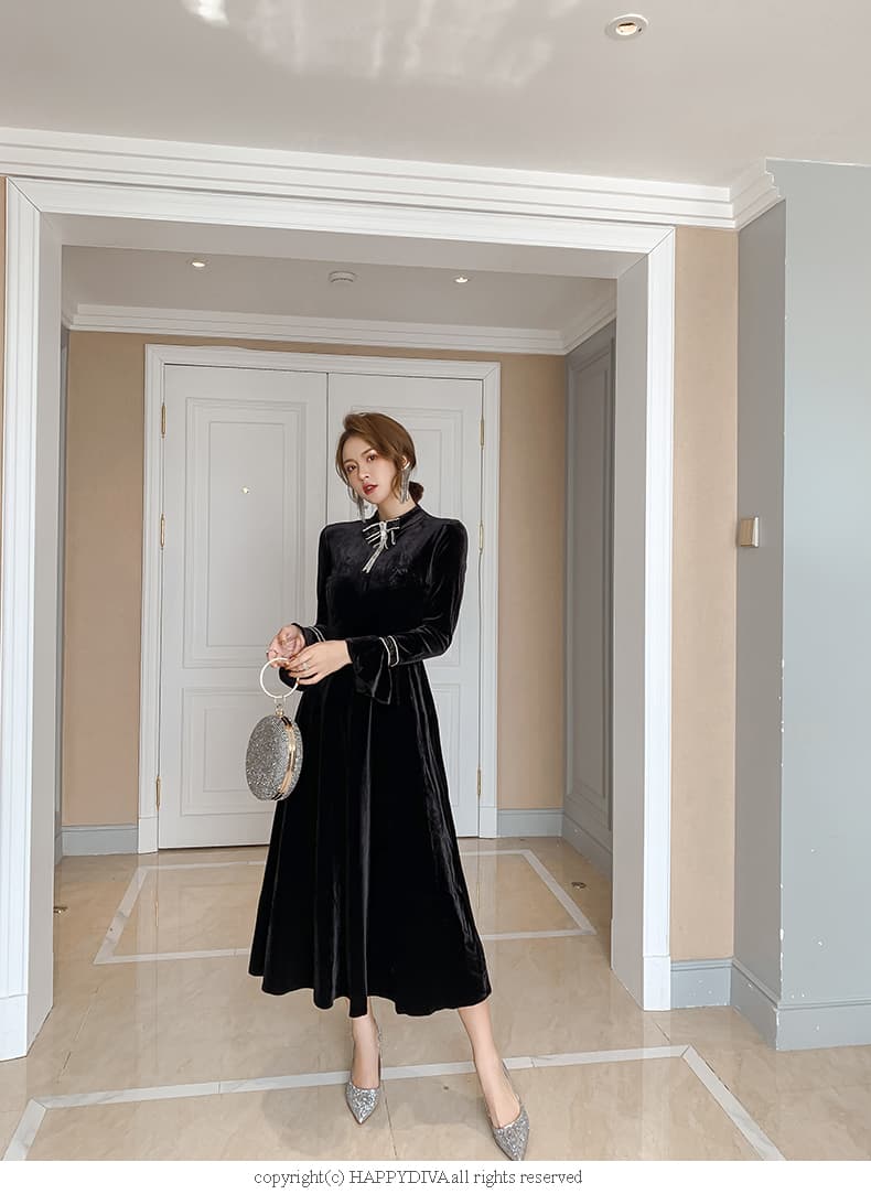 黒ドレス 優美なベルベットリボンワンピース