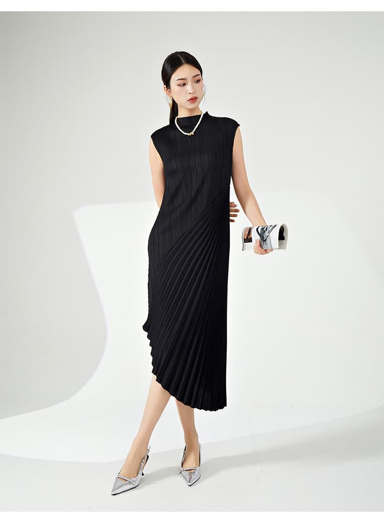 黒ドレス ロング プリーツアシンメトリーノースリーブワンピース