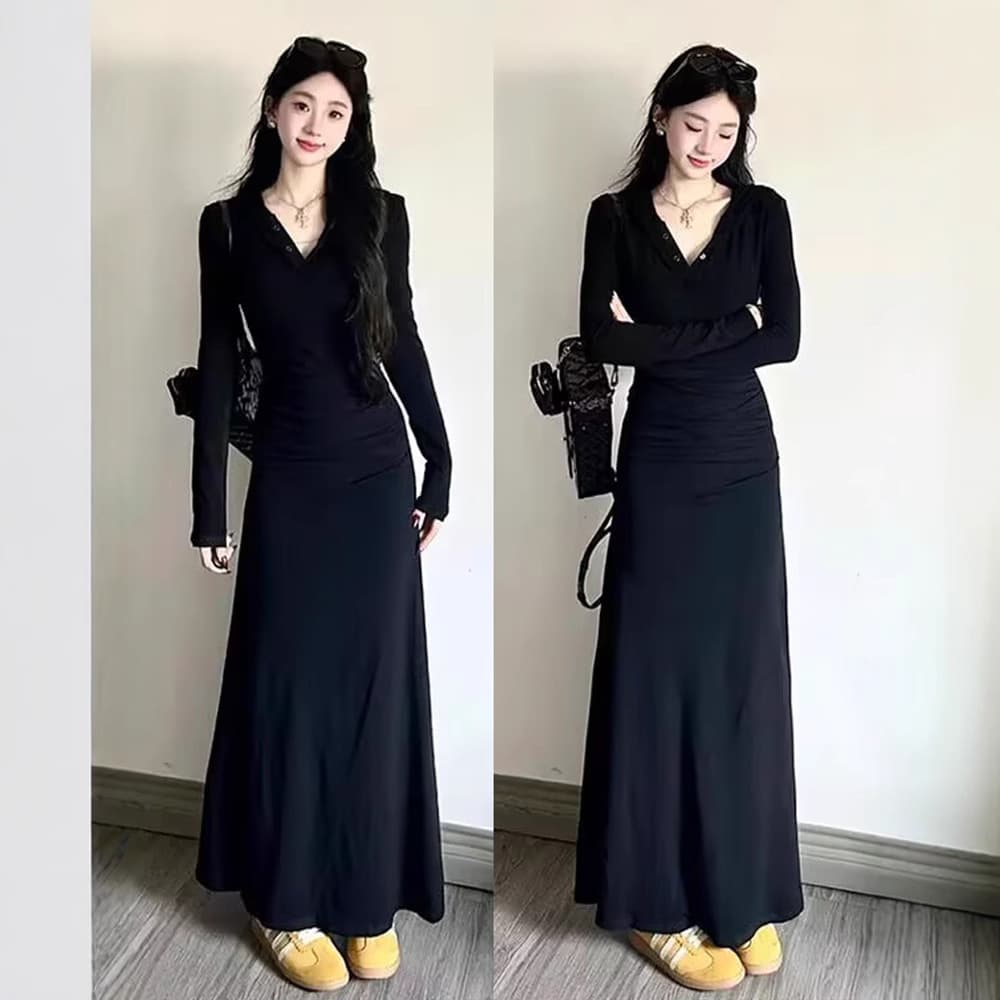 黒ドレス 大人のゆったりシルエットロングワンピース