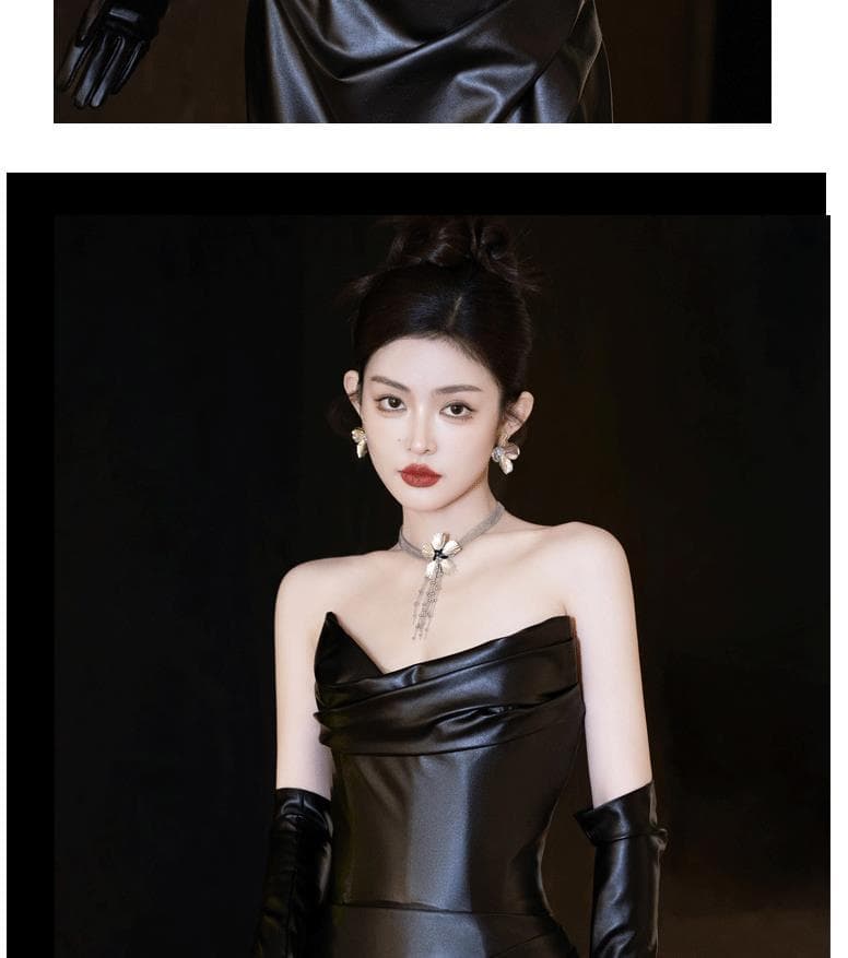 黒ドレス 光沢感ある優雅なドレープロングドレス