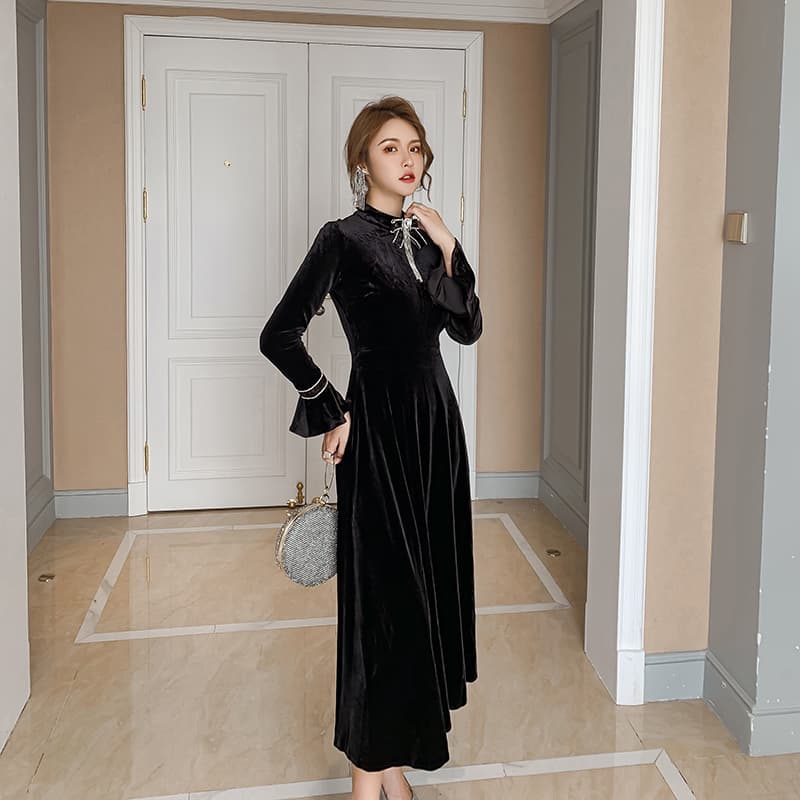 黒ドレス 優美なベルベットリボンワンピース