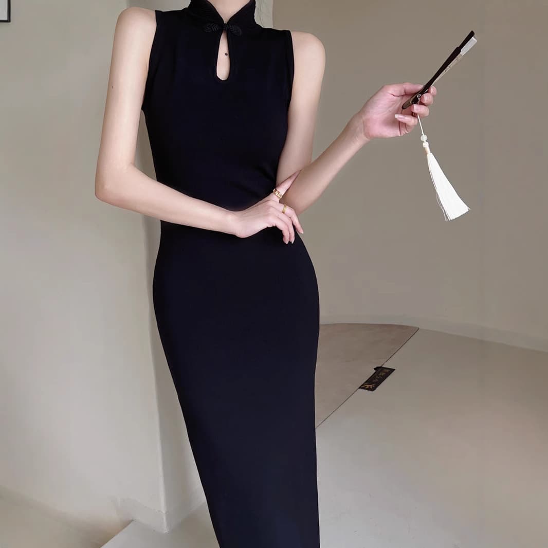 黒ドレス ロング チャイナカラーワンピース