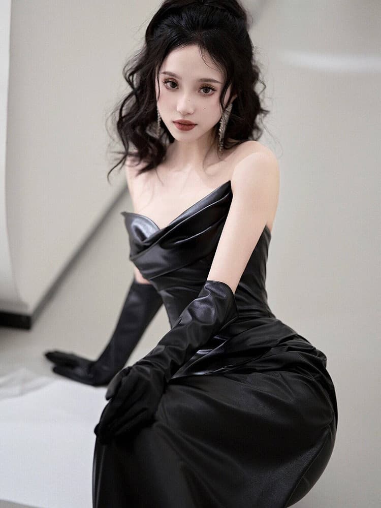 黒ドレス 優美なドレープマーメイドイブニングドレス