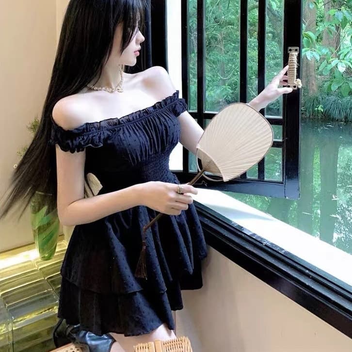 黒ドレス オフショルダーフリルティアードミニワンピース