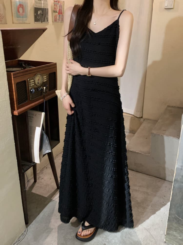 黒ドレス ロング 細紐キャミロングドレス