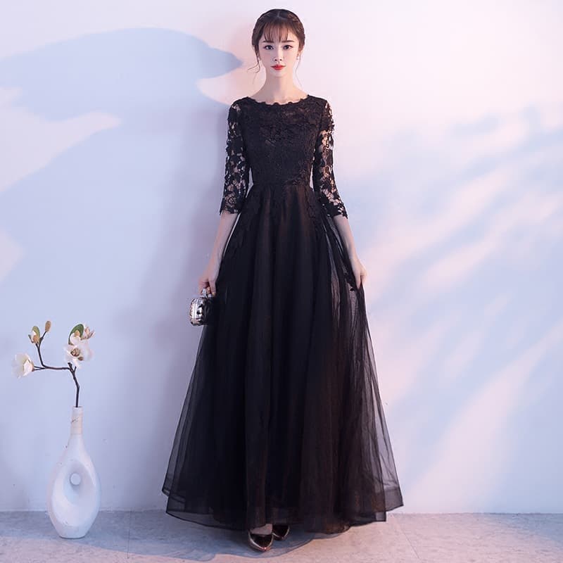 黒ドレス ロング 花柄レース七分袖チュールドレス