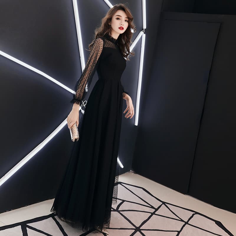 黒ドレス ロング シアードット袖 優美フレアロングドレス