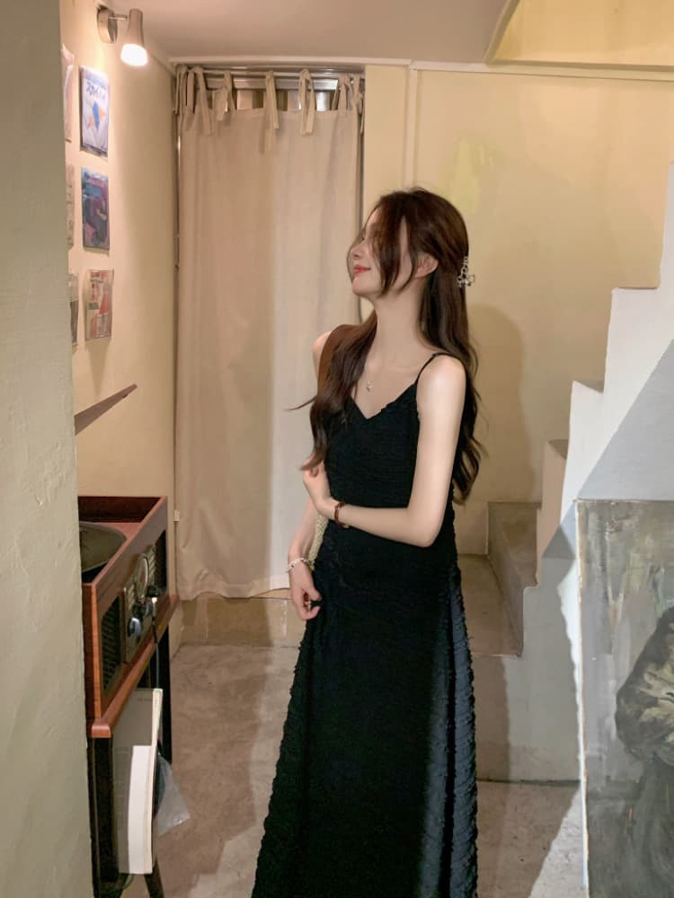 黒ドレス ロング 細紐キャミロングドレス