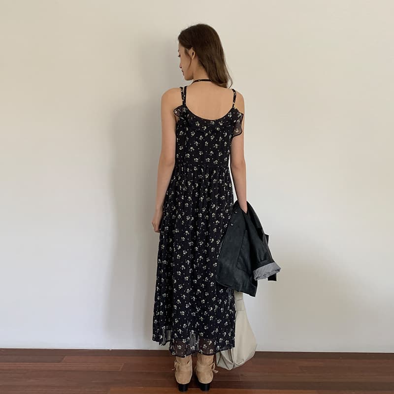 黒ドレス 小花柄シフォンロングキャミワンピース