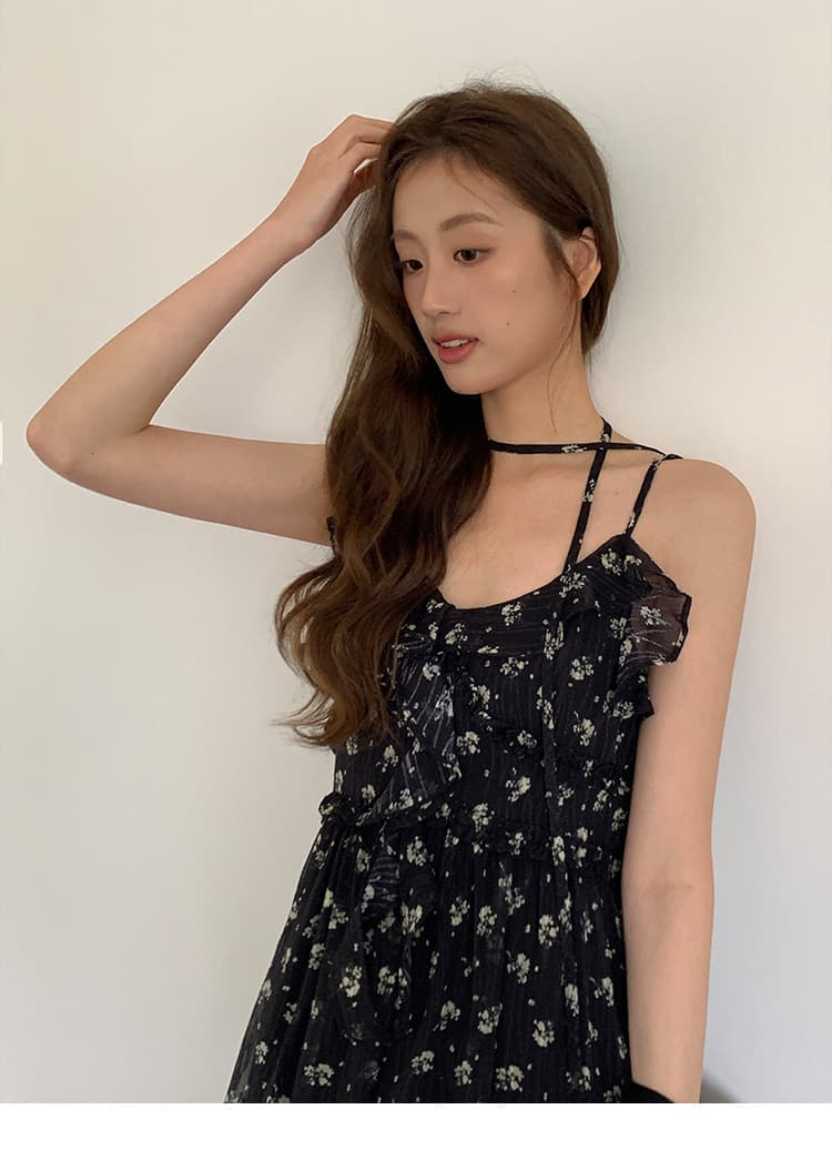 黒ドレス 小花柄シフォンロングキャミワンピース