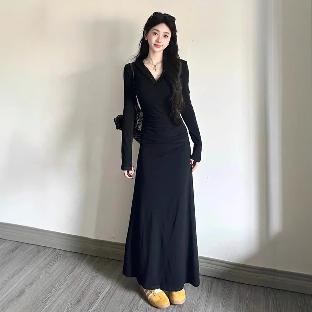 黒ドレス 大人のゆったりシルエットロングワンピース