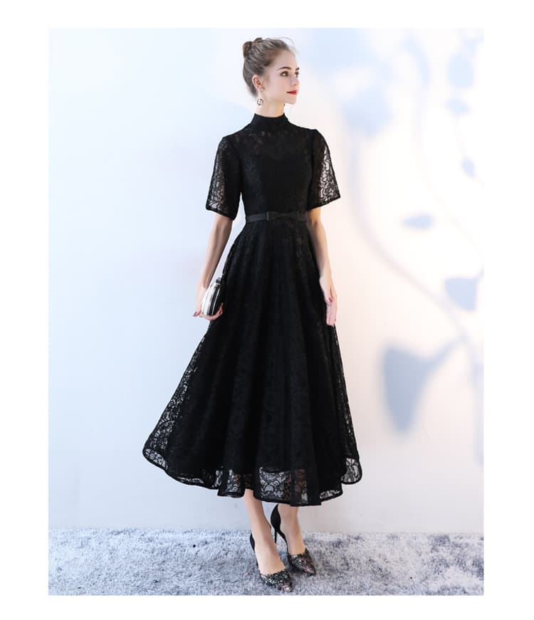 黒ドレス ロング レース編み半袖ハイネックロングドレス