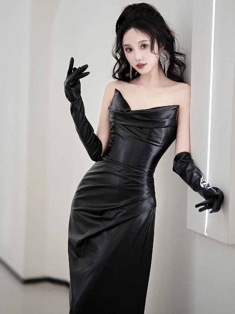 黒ドレス 優美なドレープマーメイドイブニングドレス