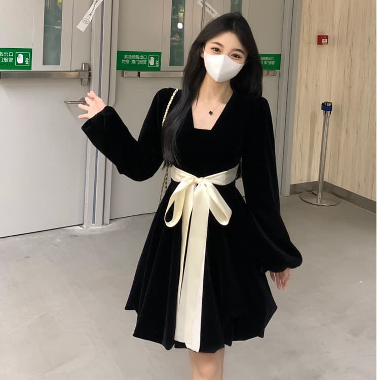 黒ドレス ベルベット リボン ワンピース 長袖 Aライン フレア