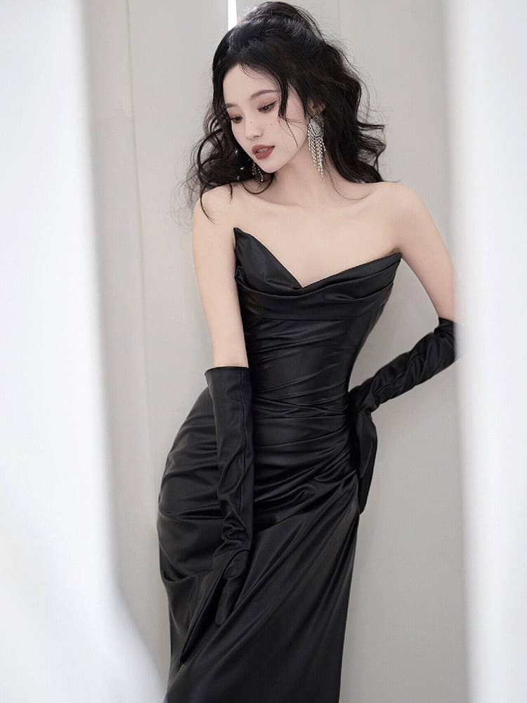 黒ドレス 優美なドレープマーメイドイブニングドレス