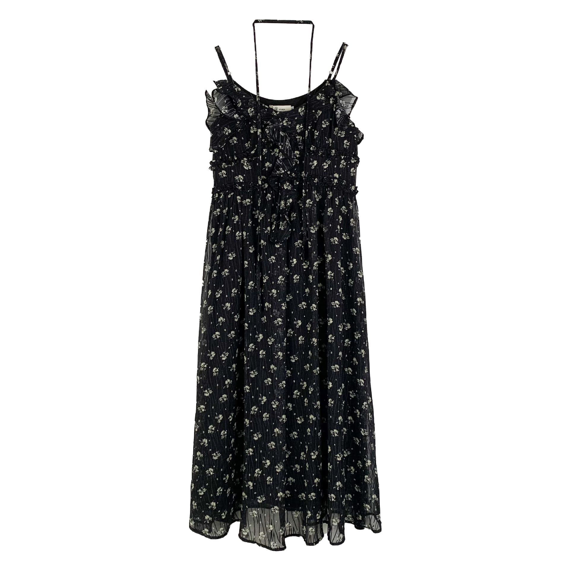 黒ドレス 小花柄シフォンロングキャミワンピース
