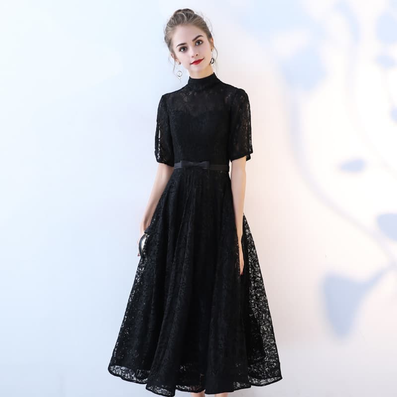 黒ドレス ロング レース編み半袖ハイネックロングドレス
